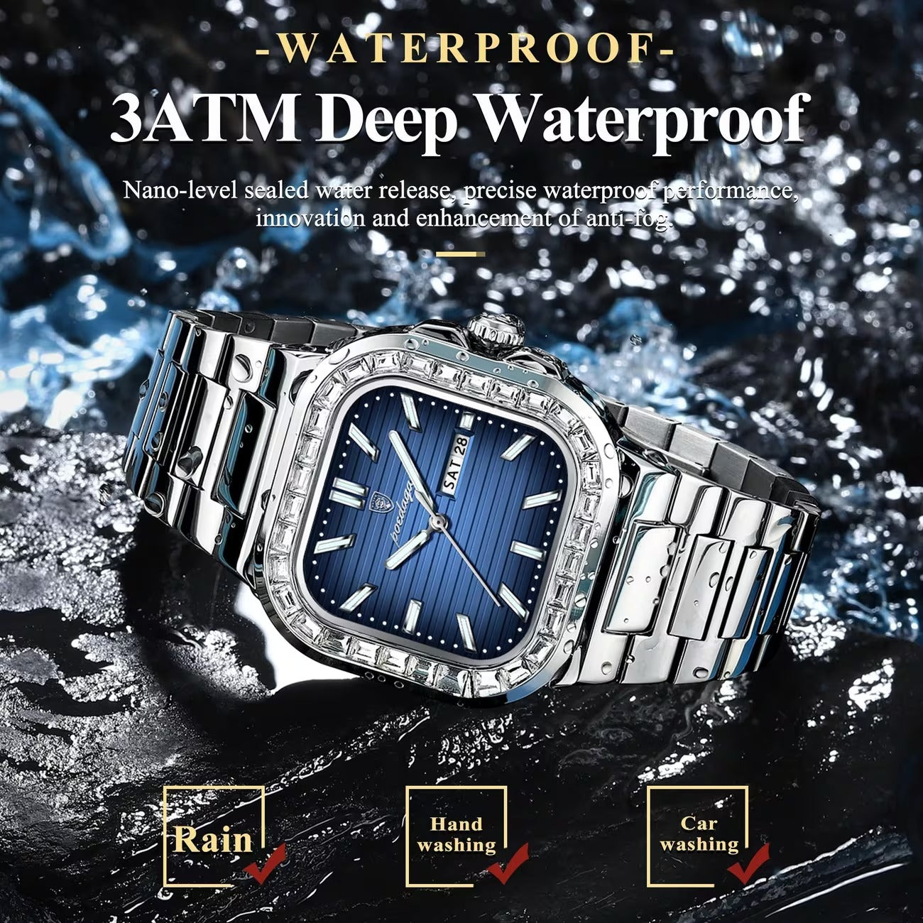 Luxury POEDAGAR Top Brand Waterproof Luminous Stainless Steel Square Quartz Men's Watch