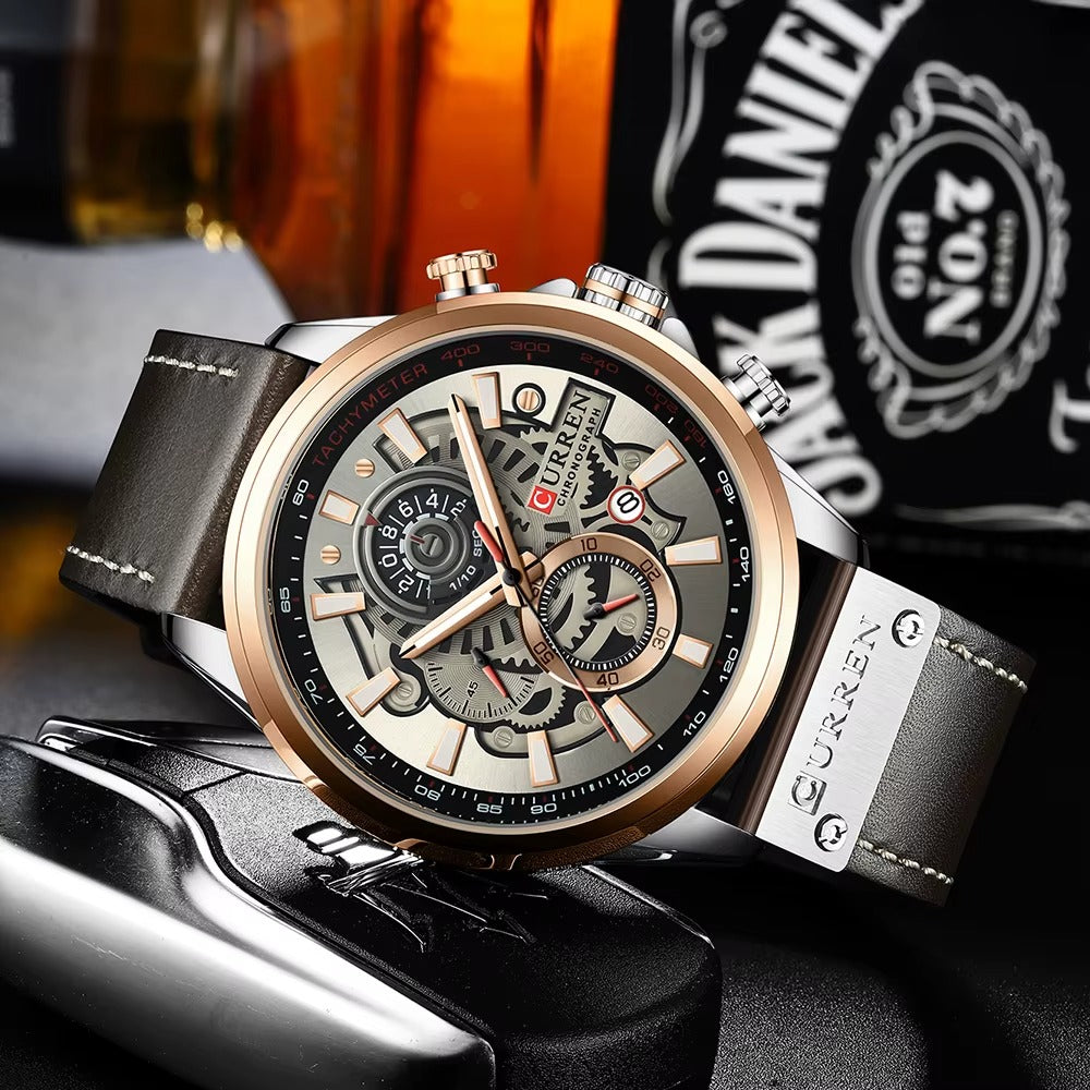Luxury CURREN Casual Leather Strap Chronograph Sport Quartz Wristwatch