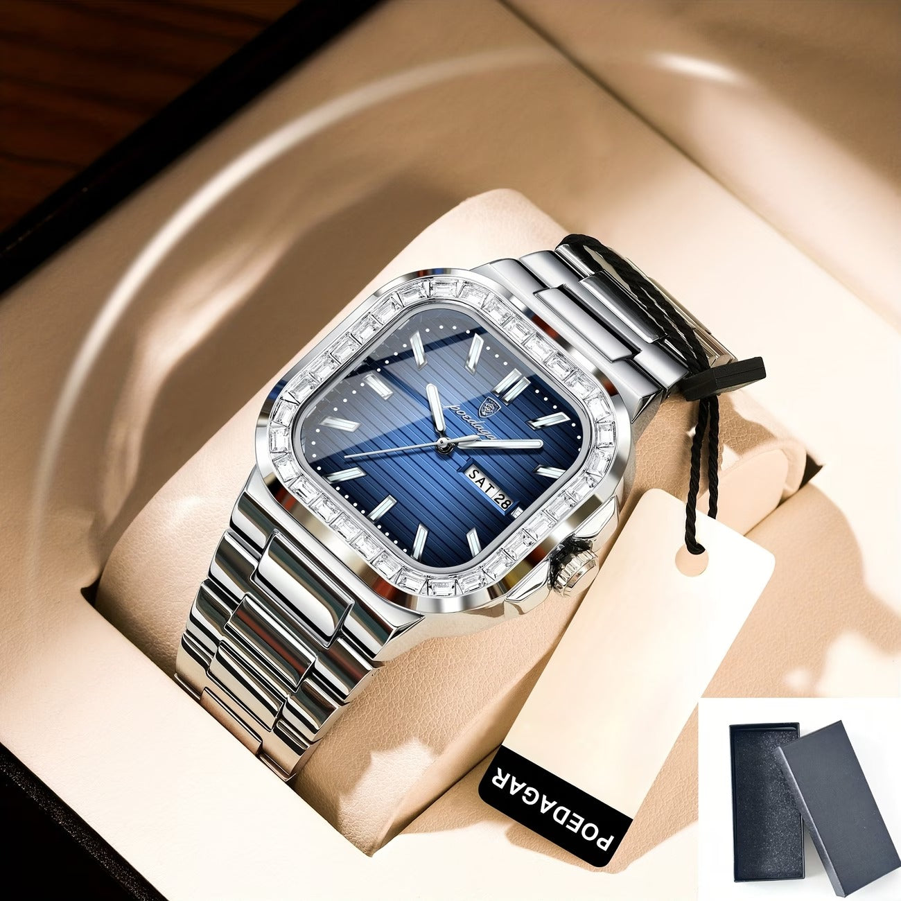 Luxury POEDAGAR Top Brand  Waterproof Luminous Stainless Steel Square Quartz Men's Watch