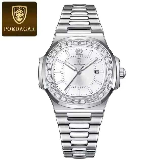 Luxury POEDAGAR Korean Style, Waterproof Stainless Steel Square Men'S Watch