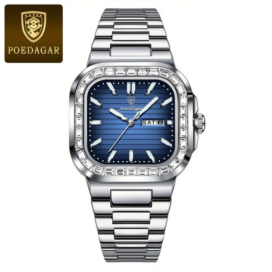 Luxury POEDAGAR Top Brand  Waterproof Luminous Stainless Steel Square Quartz Men's Watch