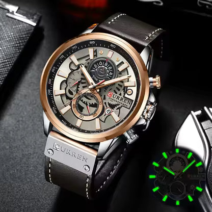 Luxury CURREN Casual Leather Strap Chronograph Sport Quartz Wristwatch